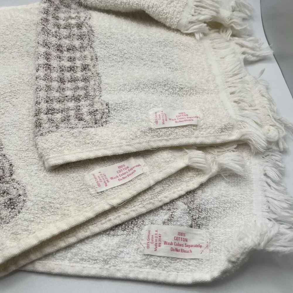 Vintage 70s MCM Flower Brown White Hand Towels Boho Groovy Fringe Set Of 3